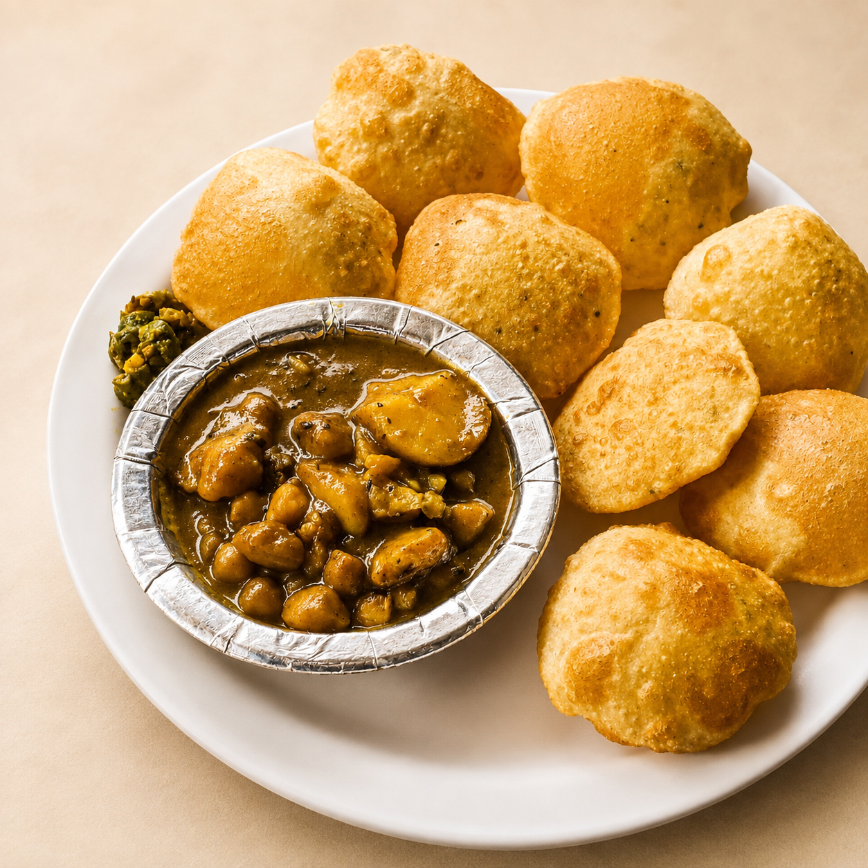 A generous plate of kochuri and torkari at Tasty Corner