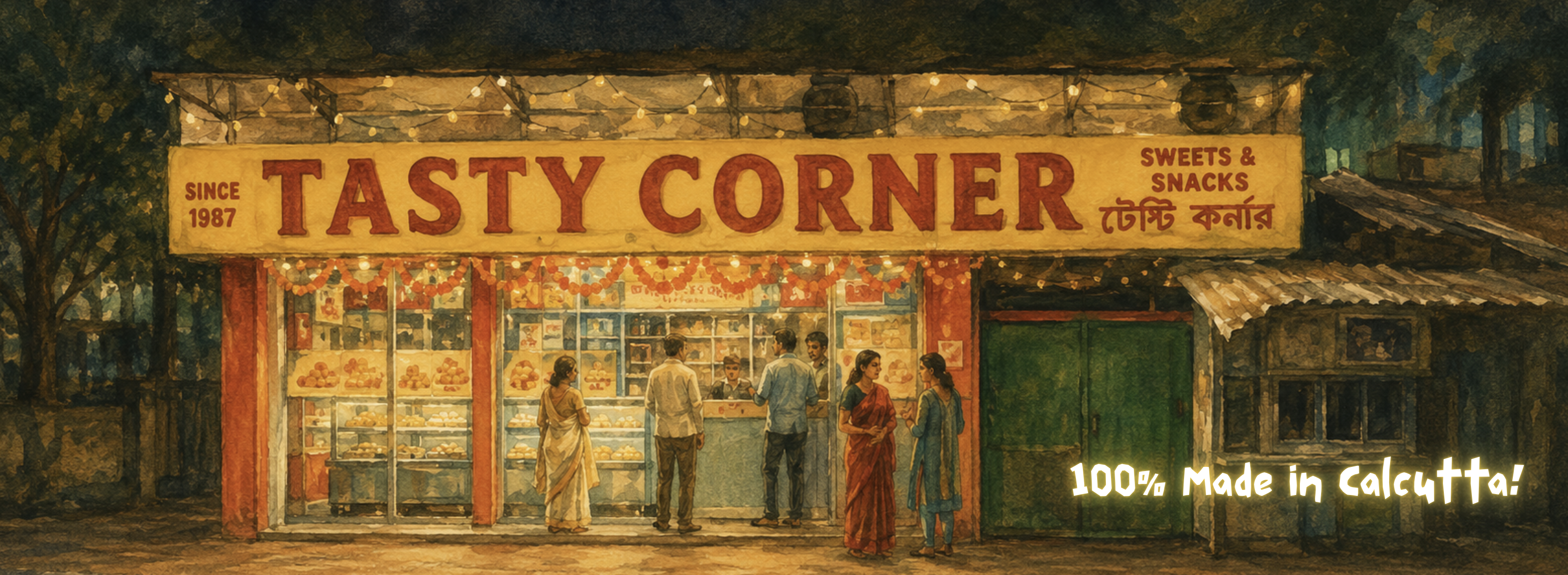 Illustration of the Tasty Corner shop glowing in the evening